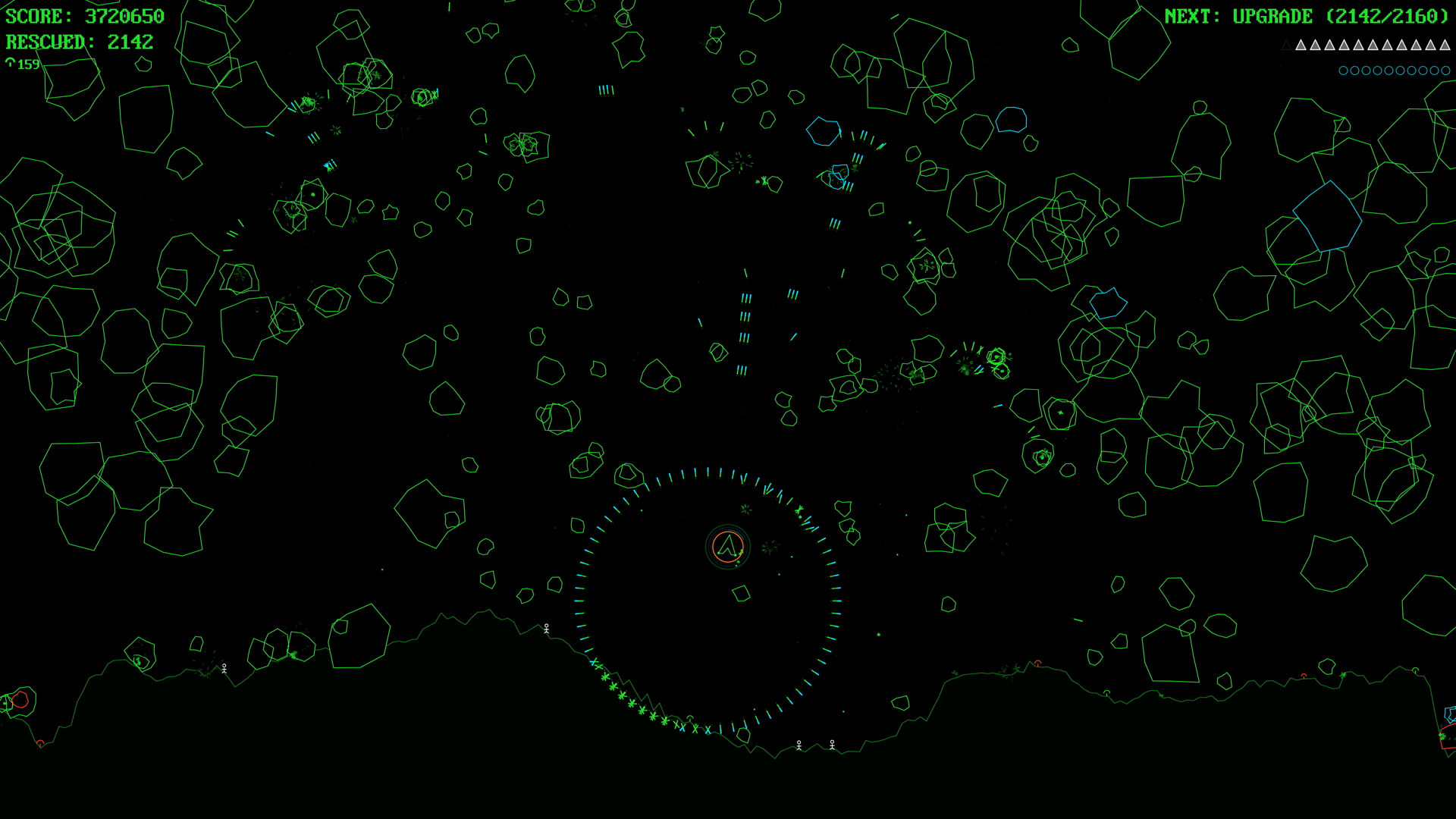 Mooncall gameplay: blast bomb detonating in the asteroid field